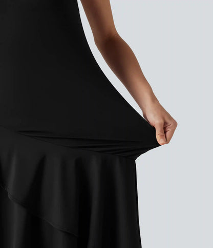 SoftlyZero™ Airy Round Neck Sleeveless Layered Ruffle Hem InstantCool Midi Casual Dress