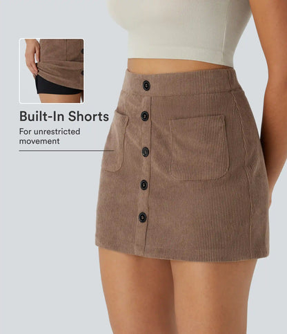 High Waisted Pocket Zipper 2-in-1 Corduroy Mini Casual Skirt