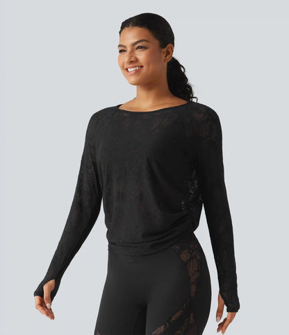 Cut Out Long Sleeve Thumb Hole Ruched Lace Yoga Sports Top