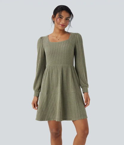 Ribbed Knit Square Neck Puff Long Sleeve Casual Dress with Pockets