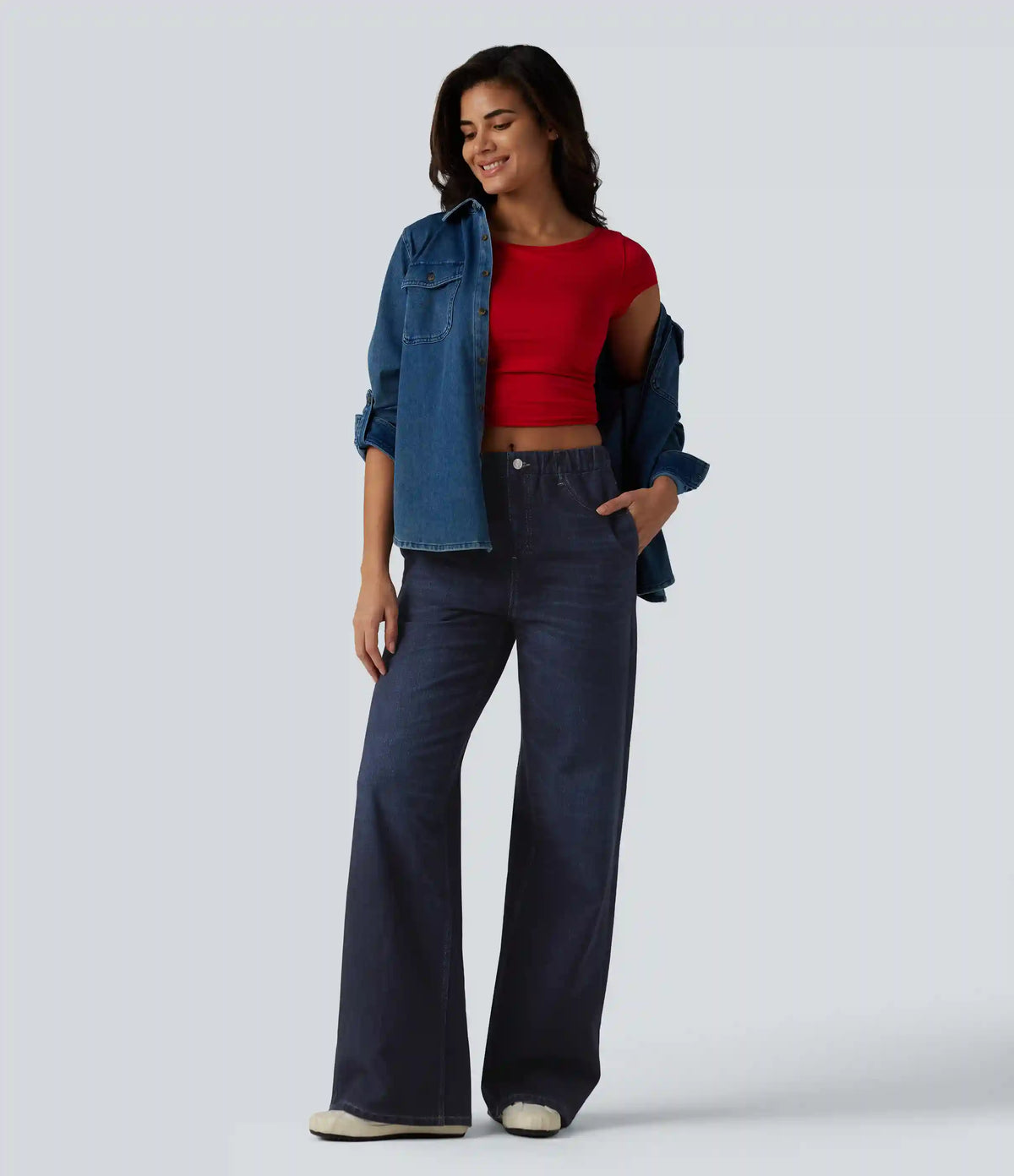 Mid Rise Denim Print French Terry Casual Sweatpants Jeans with Pockets