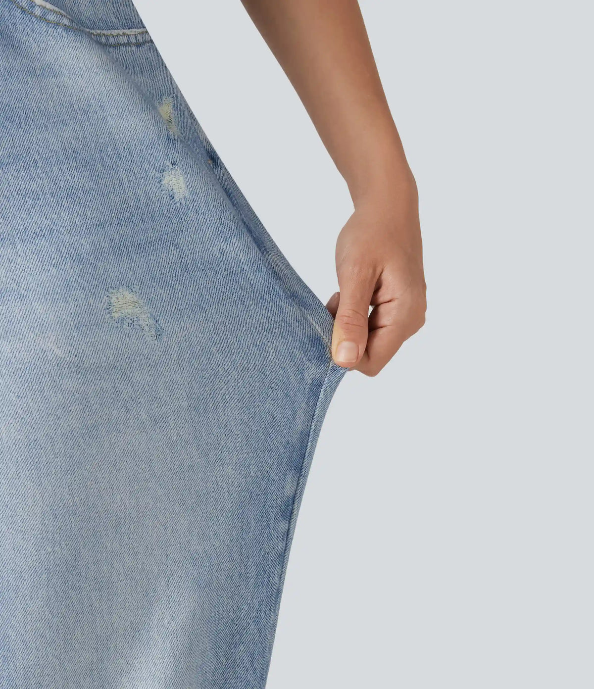 High Waisted Denim Print French Terry Casual Joggers with Pockets