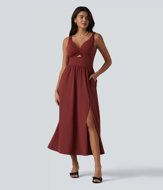 SoftlyZero™ Airy V Neck Non-Removable Pad Sleeveless InstantCool Midi Dress with Pockets DD-F