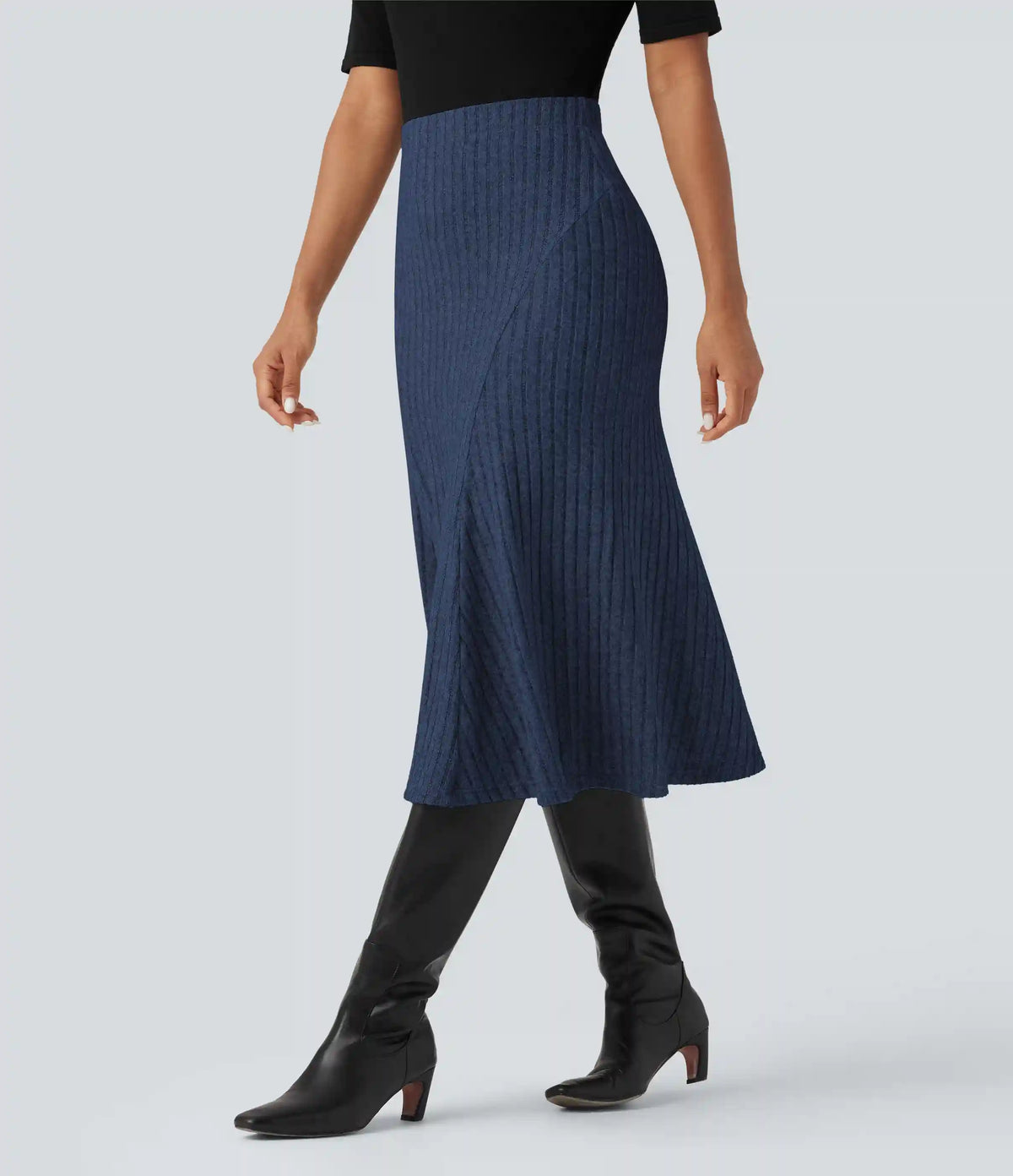 Ribbed Knit High-waisted Midi Casual A-line Skirt