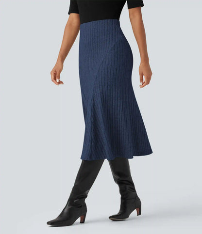 Ribbed Knit High-waisted Midi Casual A-line Skirt