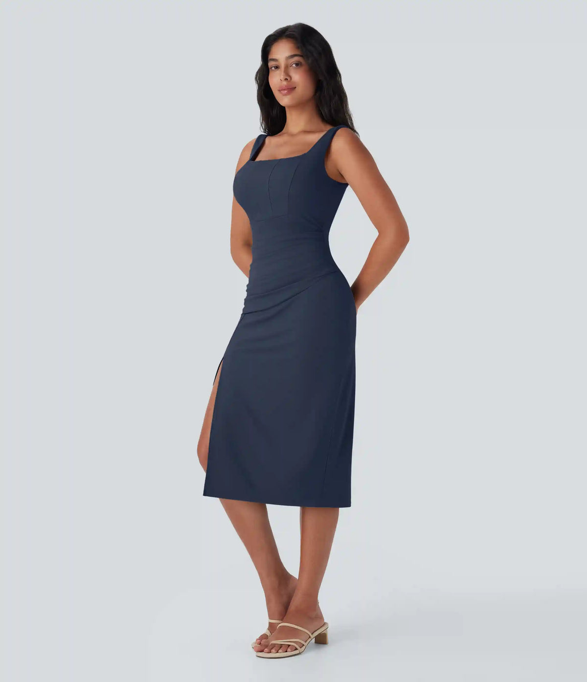 SoftlyZero™ Airy Square Neck Corset Ruched Bodycon Midi InstantCool Dress DD-F Cups