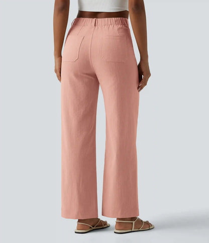 High Waisted Straight Leg Casual Linen-Feel Pants with Pockets