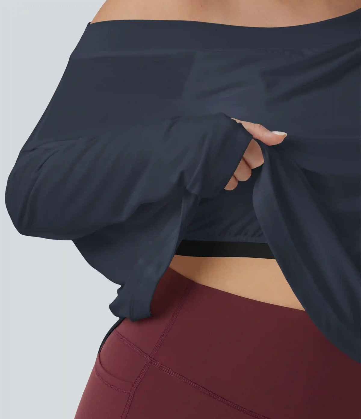 One Shoulder Long Sleeve Thumb Hole Curved Hem High Low Quick Dry Yoga Plus Size Sports Top-Built-in Bra