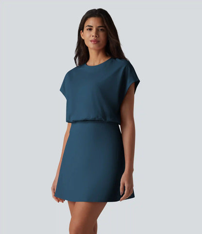 SoftlyZero™ Airy Round Neck Short Sleeve 2-in-1 InstantCool Mini Yoga Active Dress with Pockets-Easy Peezy Edition