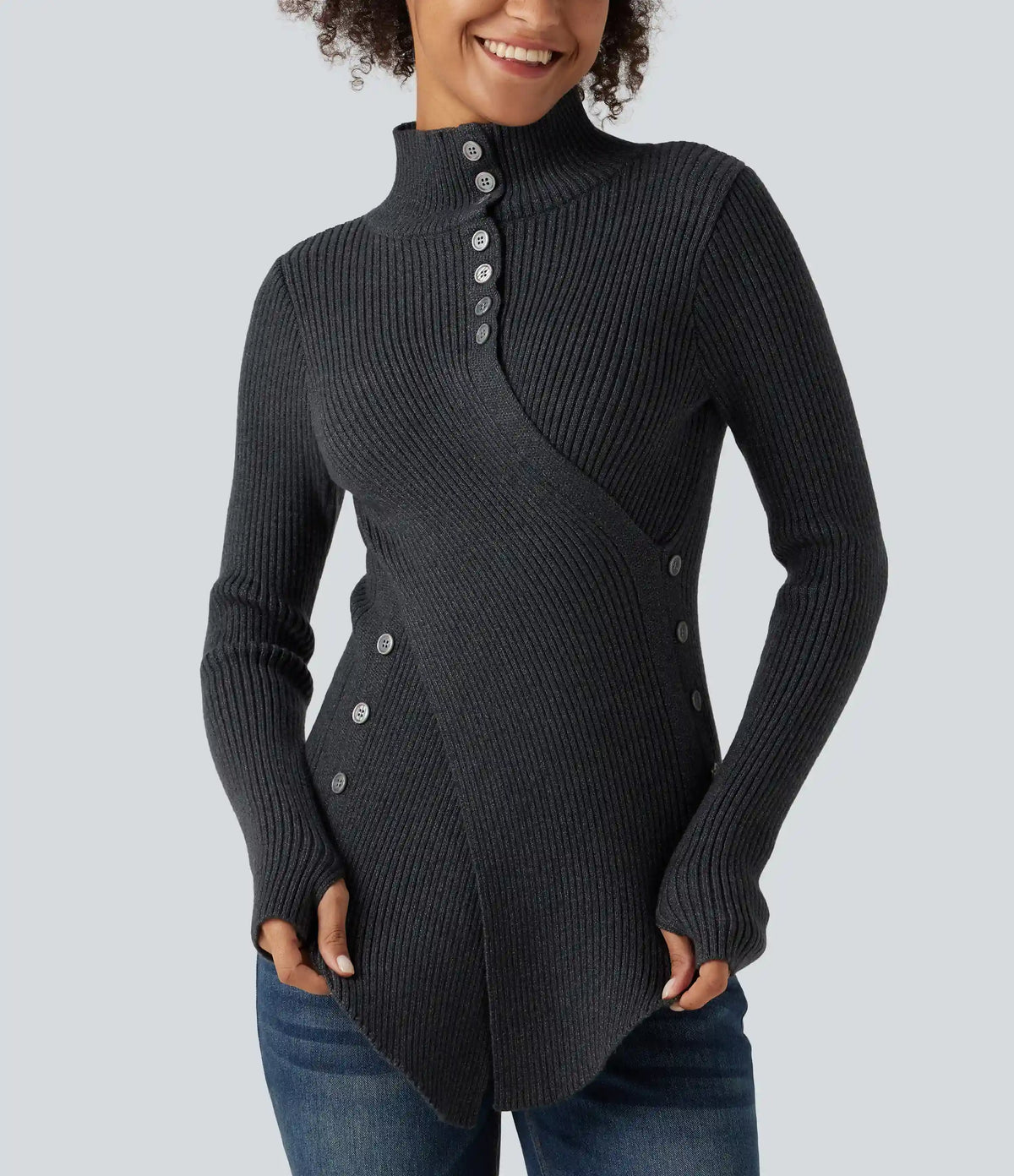 Ribbed Knit High Neck Long Sleeve Thumb Hole Crossover Hem Slim Work Sweater