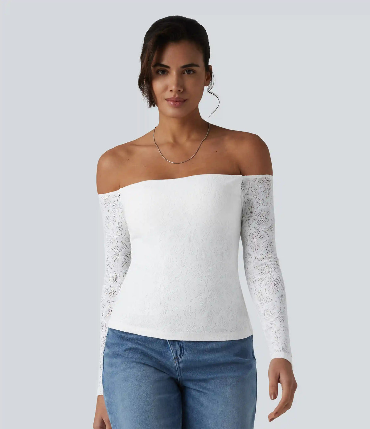 Off Shoulder Built-in Bra Long Sleeve Lace Casual Top