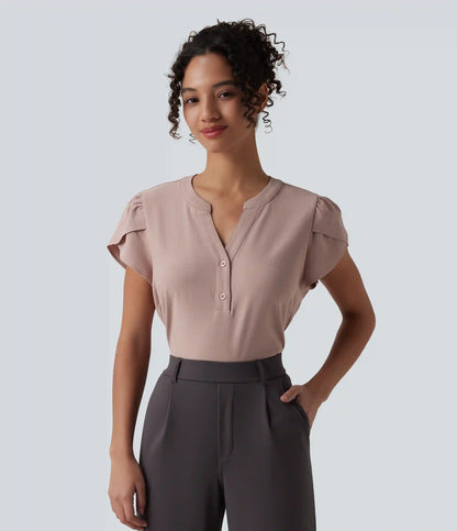 V-neck Petal Short Sleeve Work Blouse