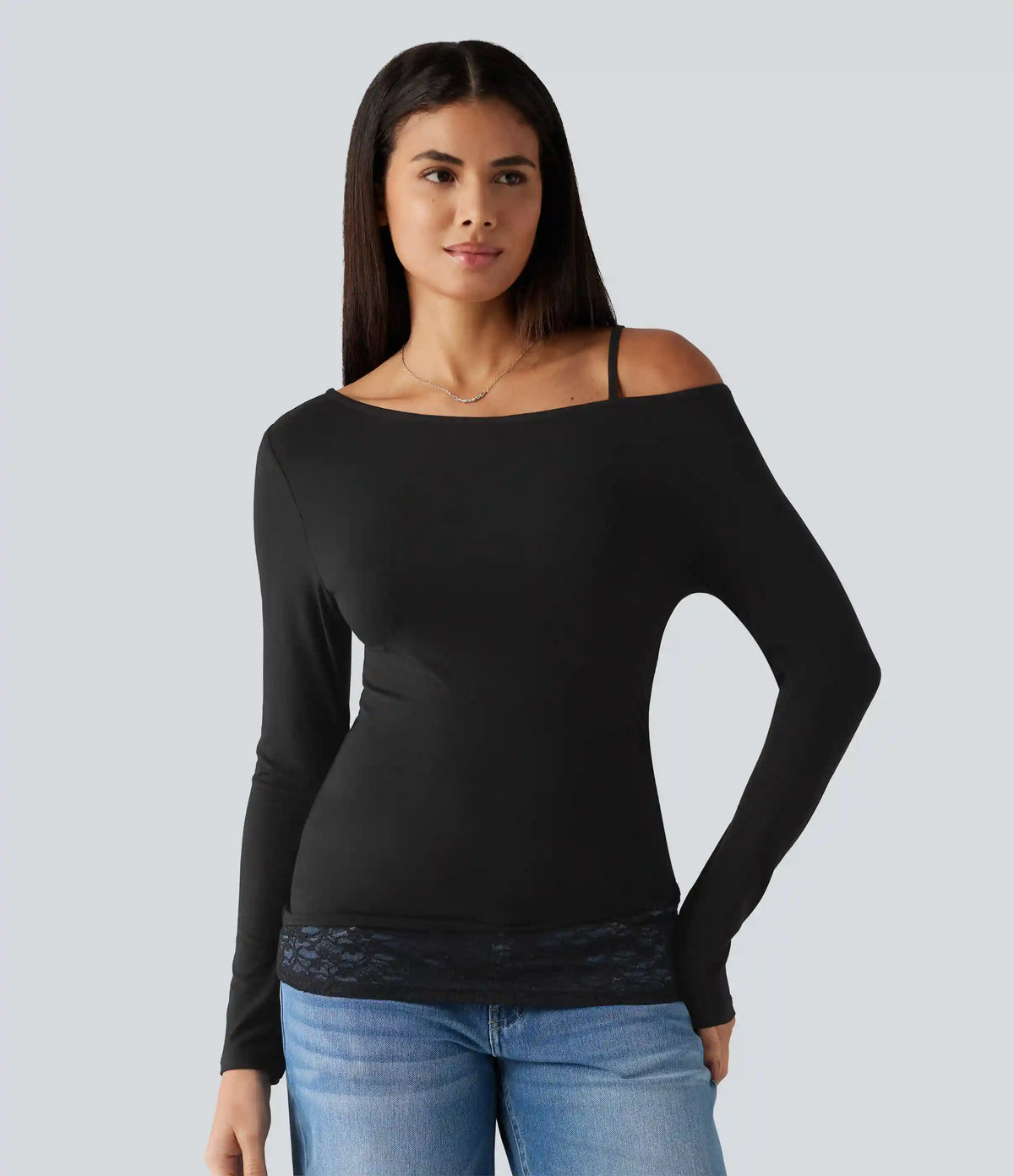 One Shoulder Long Sleeve Contrast Lace Casual T-Shirt