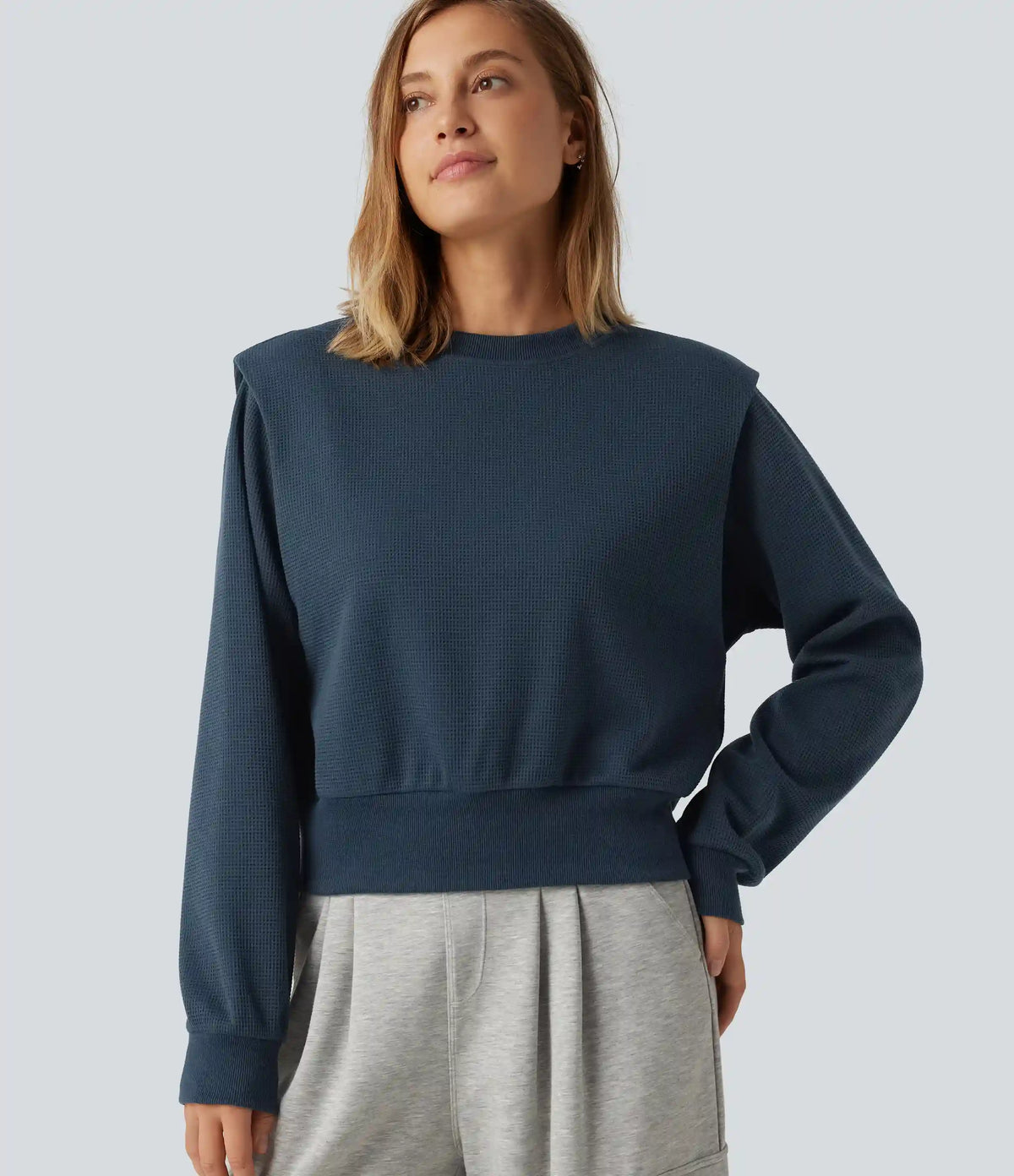 Round Neck Long Sleeve Waffle Casual Sweatshirt