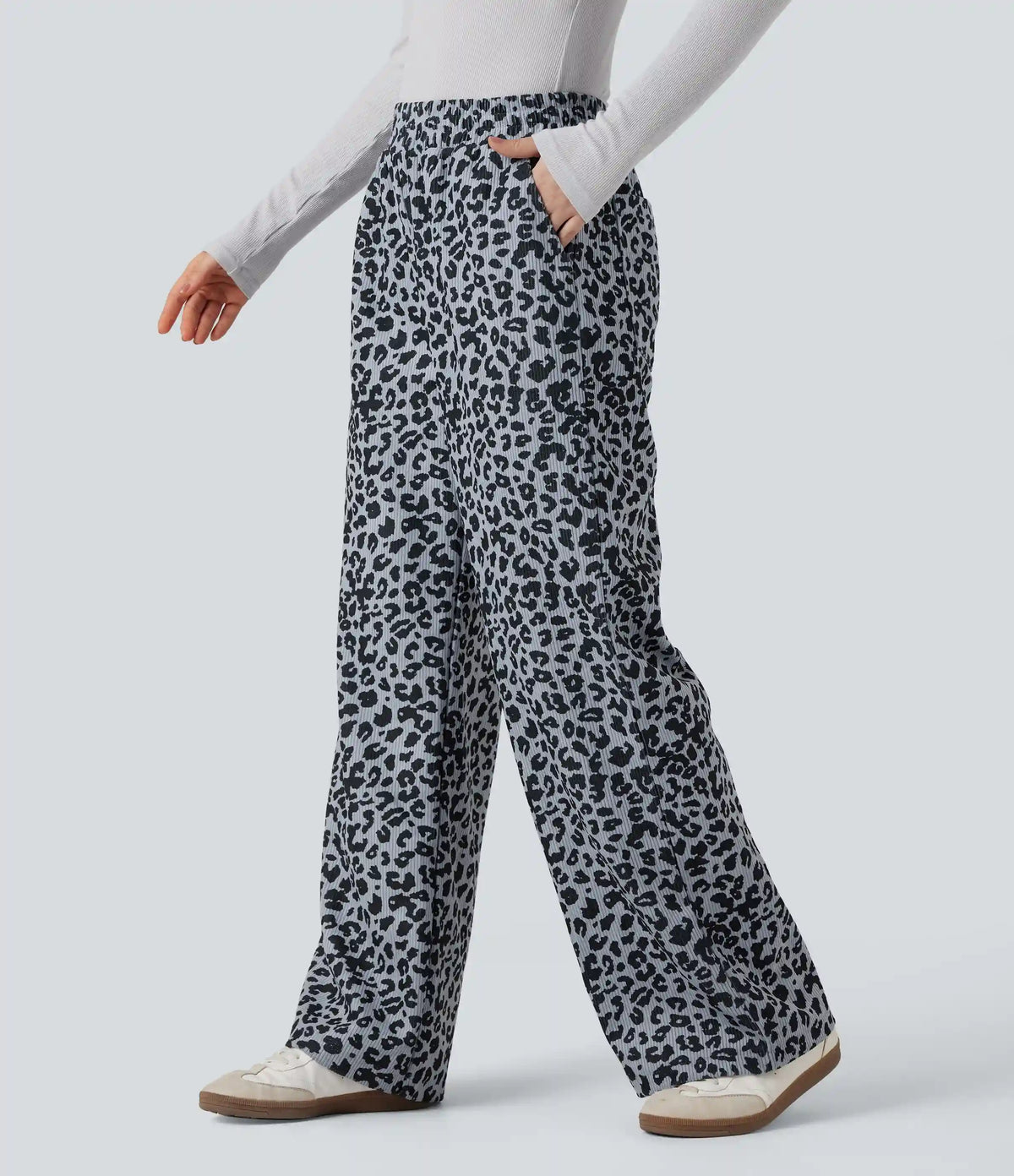 High Waisted Leopard Print Corduroy Casual Baggy Pants with Pockets