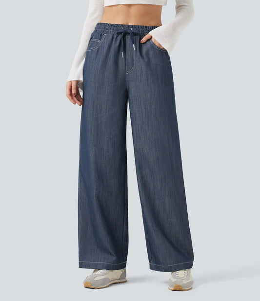High Waisted Drawstring Wide Leg Denim Like Casual Linen-Feel Pants with Pockets