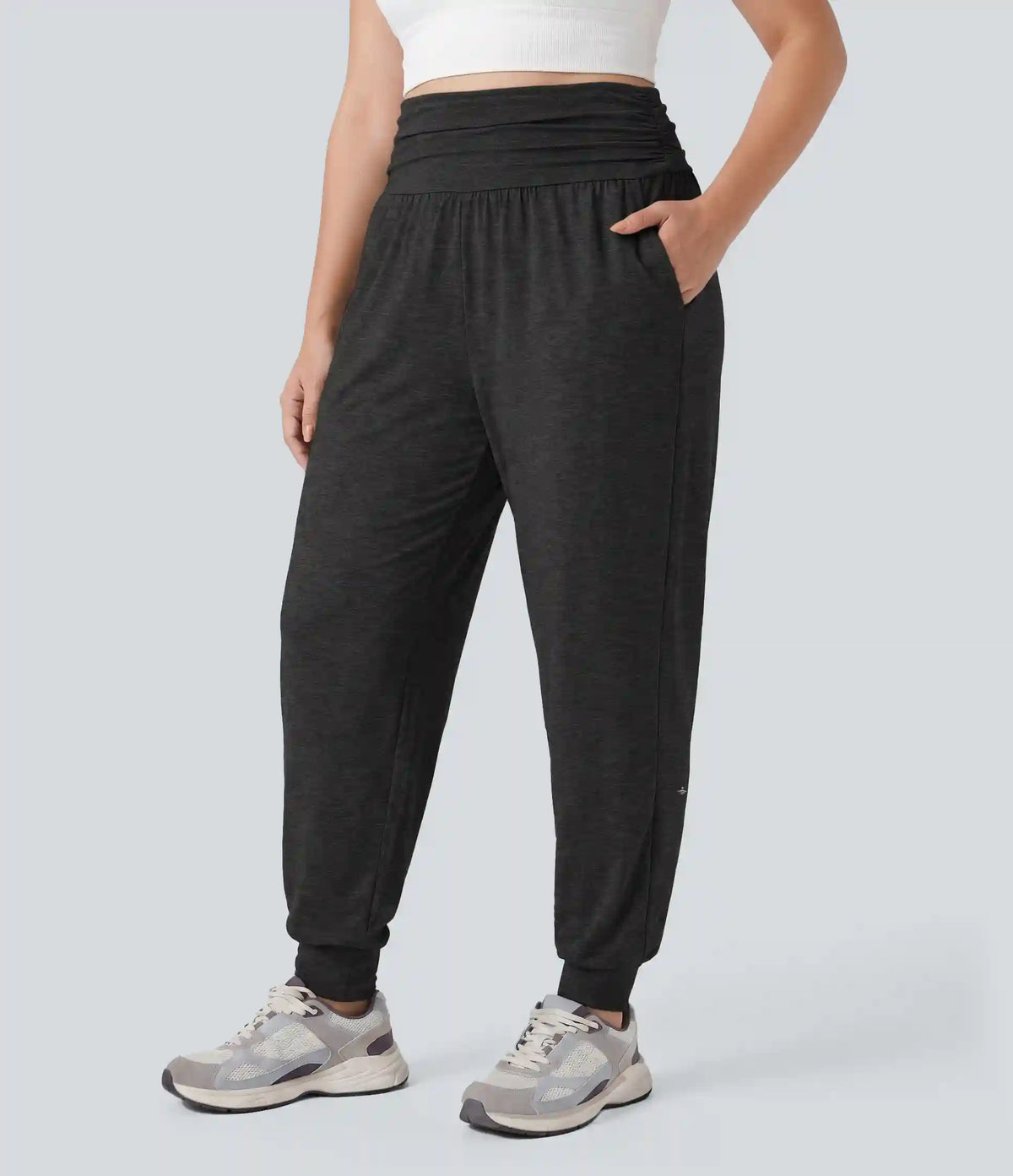 Plus Size High Waisted Ruched Heathered Yoga Joggers with Pockets