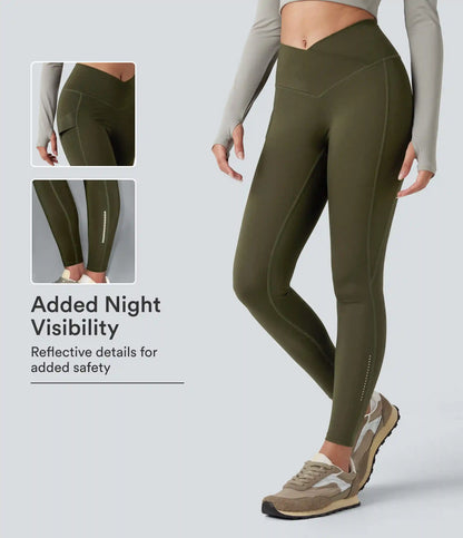Wear-Resistant Reflective Crossover High Waisted Hiking 7/8 Leggings with Pocket