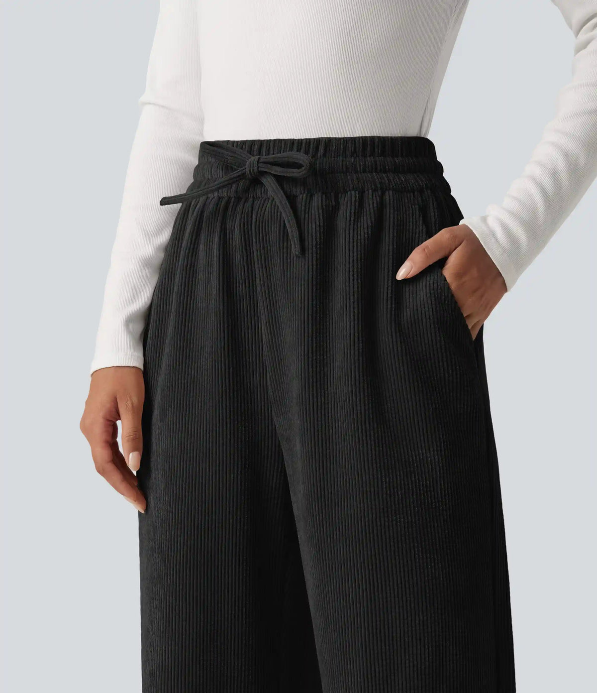 High Waisted Drawstring Wide Leg Corduroy Casual Pants with Pockets