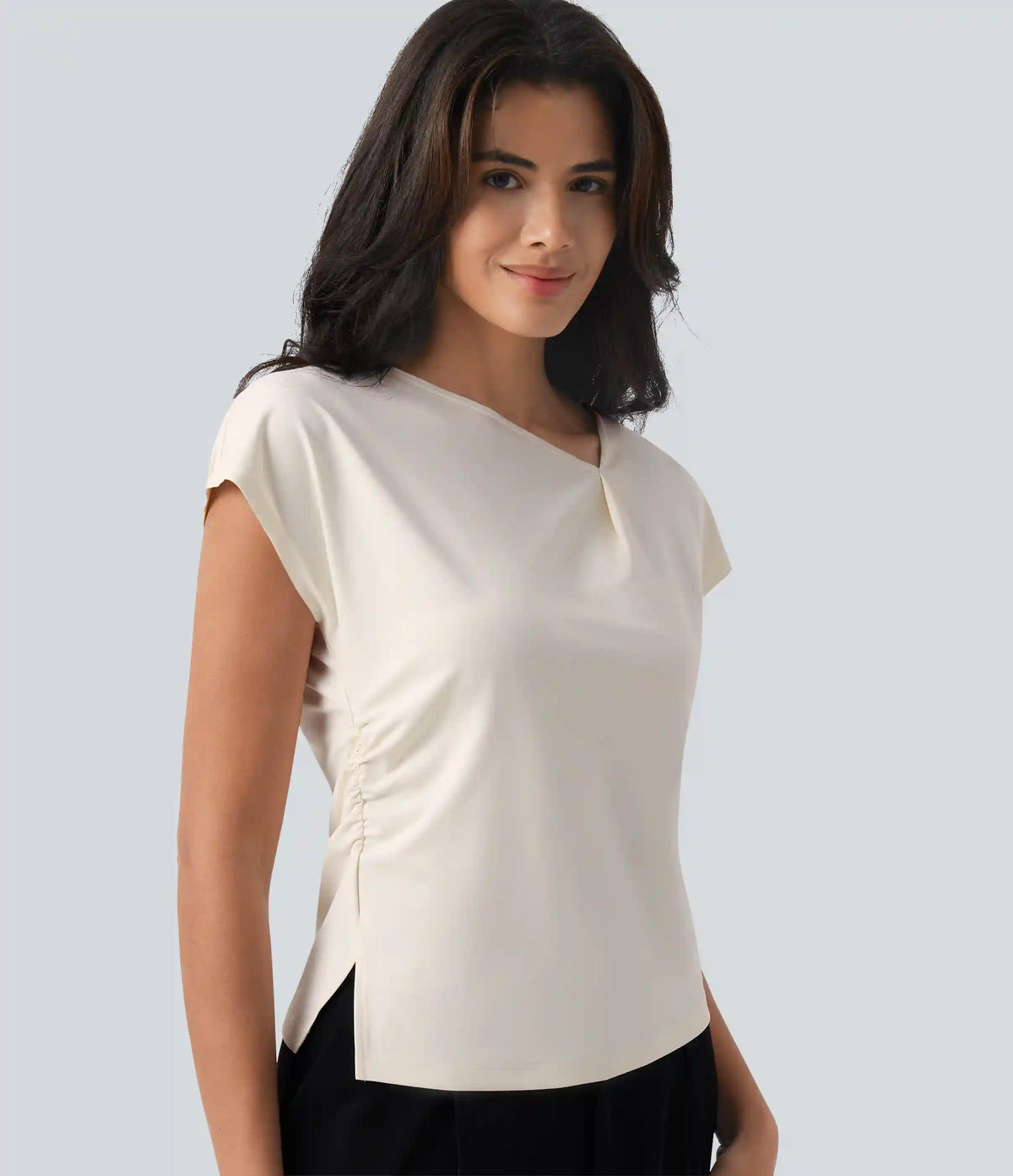 Asymmetric Cowl Neck Short Sleeve Ruched Split Hem Work Blouse