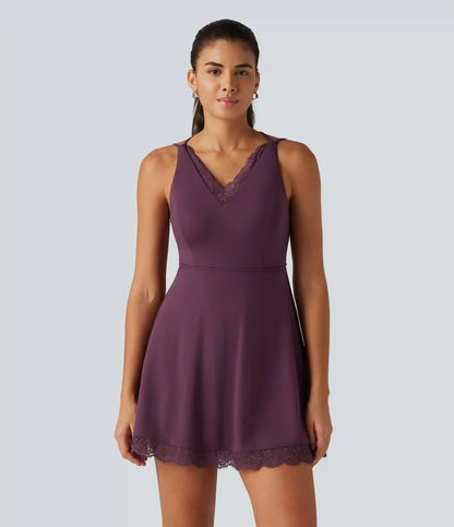 SoftlyZero™ Airy V Neck 2-in-1 Built-in Bra Contrast Lace InstantCool Mini Dance Dress with Pockets-Easy Peezy Edition