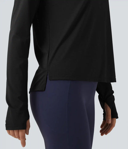 Round Neck Mesh Raglan Long Sleeve Thumb Holes Quick Dry Running Sports Top