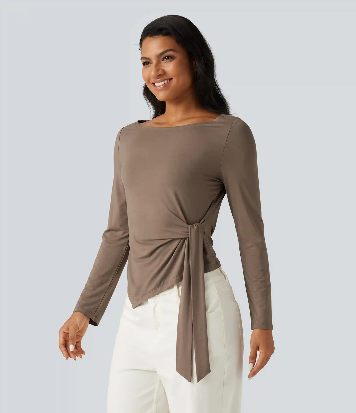 Boat Neck Long Sleeve Tie Side Asymmetric Hem Casual T-Shirt