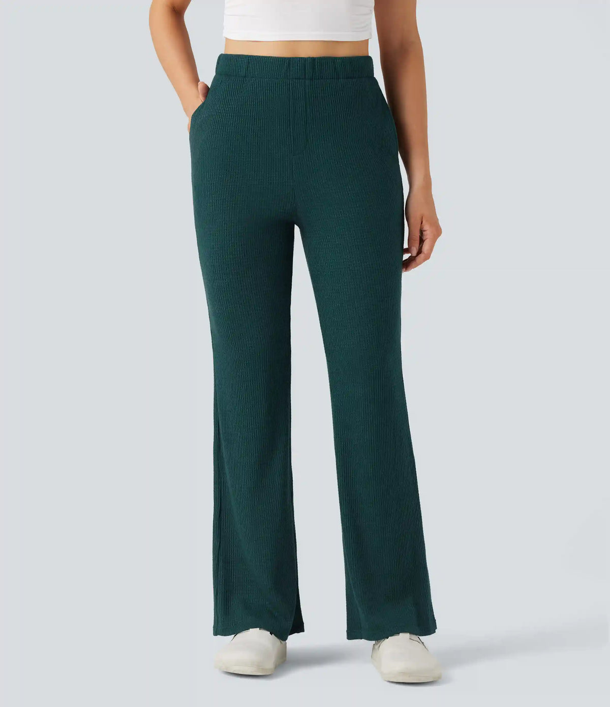 High Waisted Flare Waffle Casual Pants with Pockets