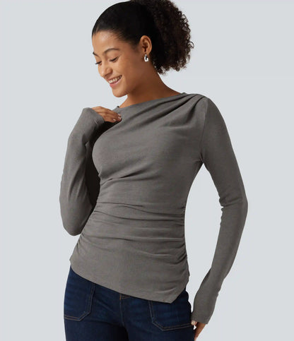 Boat Neck Long Sleeve Ruched Asymmetric Hem Thermal Casual Top