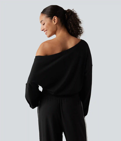 Boat Neck Long Sleeve Side Stripe Waffle Casual Top