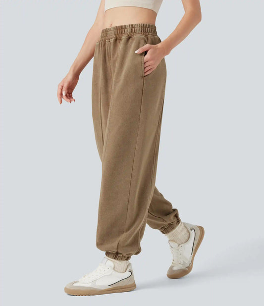 Mid Rise Washed French Terry Casual Cotton Joggers with Pockets