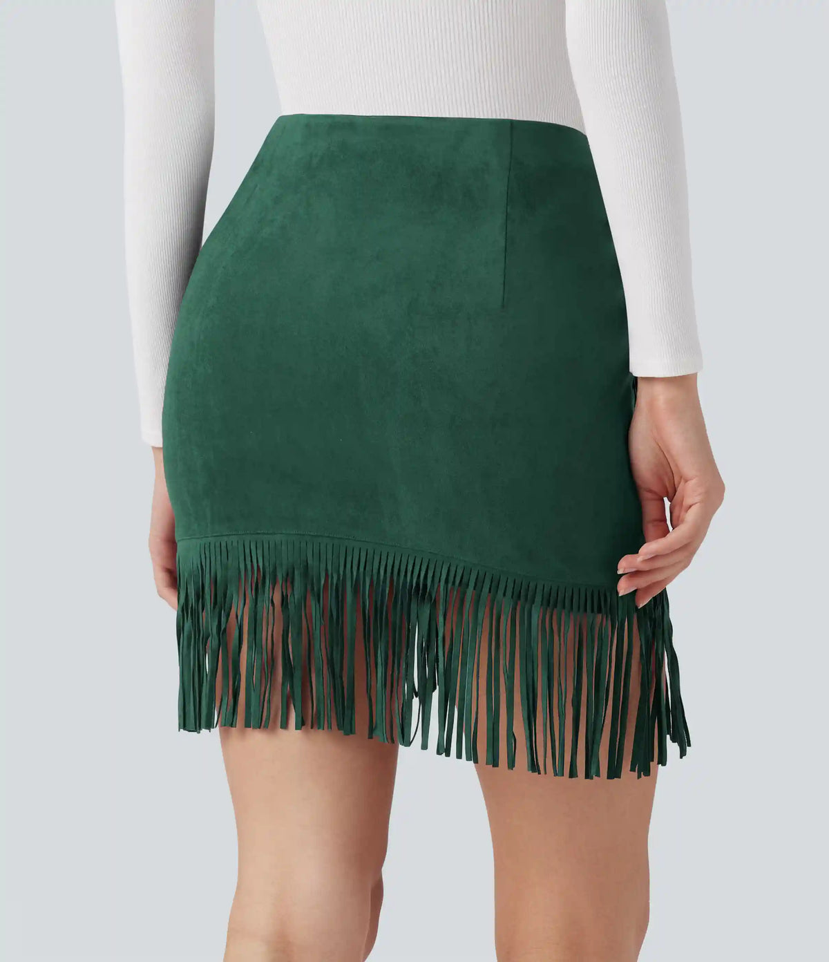 High Waisted 2-in-1 Fringe Hem Bodycon Mini Suede Casual Skirt