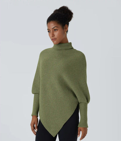 High Neck Long Sleeve Asymmetric Hem Work Sweater