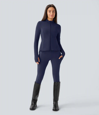 SoftlyZero™ Stand Collar Thumb Hole Pockets Pleated Zipper Slim Jacket