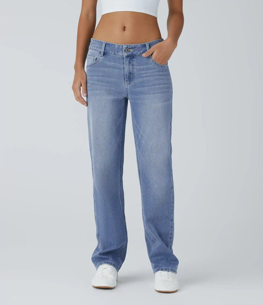 Halara Flex™ Low Rise Zipper Pockets Straight Leg Washed Casual Jeans