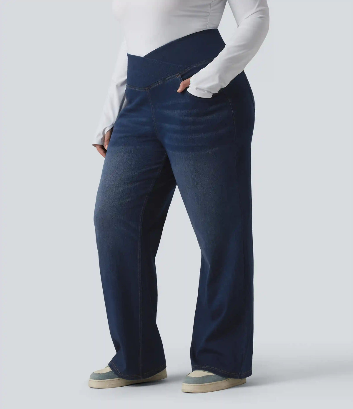 Halara Flex™ Crossover High Waisted Tummy Control Casual Straight Leg Plus Size Jeans with Pockets