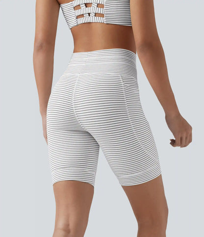 High Waisted Drawstring Striped Yoga Biker Shorts 7'' with Pockets