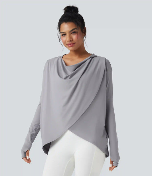 Hooded Cowl Neck Long Sleeve Thumb Hole Yoga Sports Top with Pockets