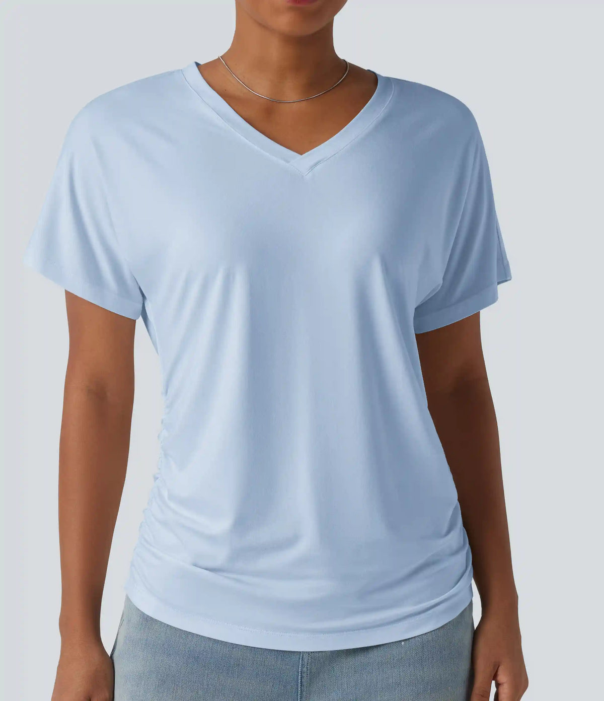 V-neck Short Sleeve Ruched Plain Casual T-Shirt