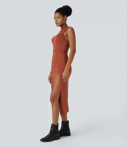 Ribbed Hooded High Neck Sleeveless Cut Out Tie Back 2-Piece Midi Casual Dress