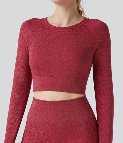Sparkle OneForm Seamless Flow Round Neck Long Sleeve Thumb Hole Cropped Workout Sports Top
