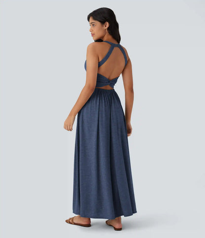 Twisted Backless Split Flowy Maxi Resort Dress with Pockets