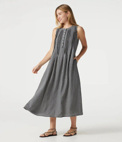 Round Neck Sleeveless Plaid Midi Casual Linen-Feel Dress with Pockets