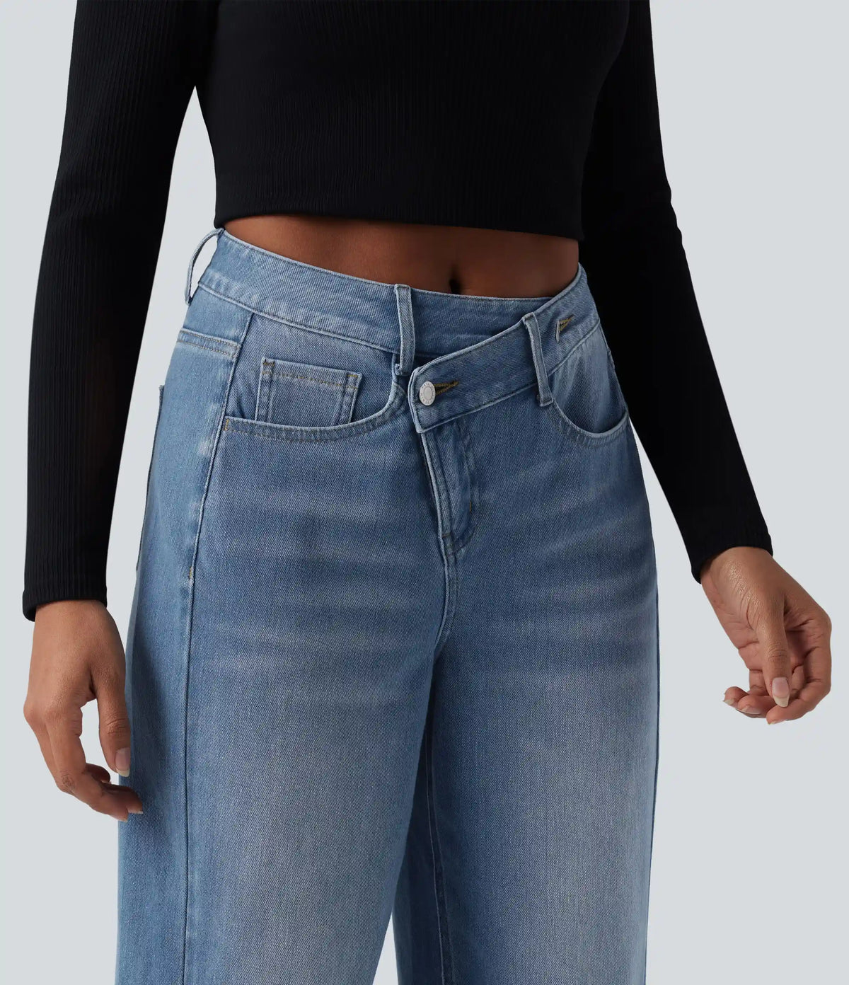 Halara Flex™ Asymmetric High Waisted Washed Casual Baggy Jeans with Pockets