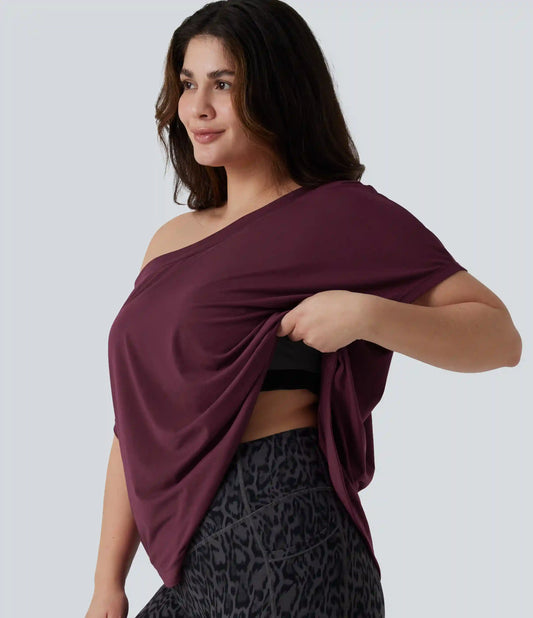 Plus Size One Shoulder Short Sleeve Curved Hem Quick Dry Yoga Sports Top with Built-in Bra