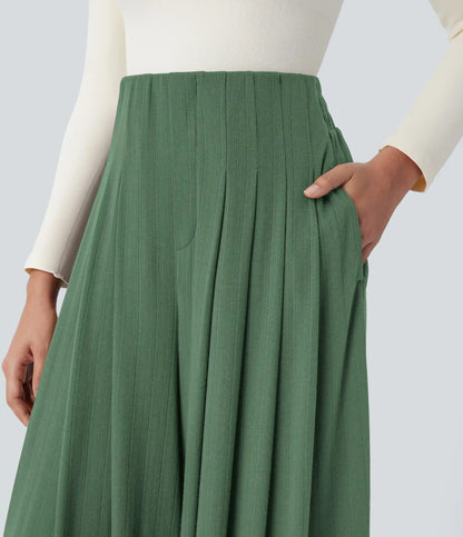 Ribbed Knit High Waisted Pleated Pocket Flowy Wide Leg Casual Pants