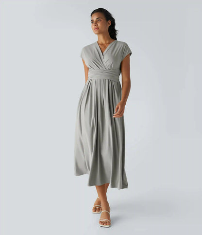 Breezeful™ V Neck Short Sleeve Pocket Tie Back Quick Dry Midi Casual Dress-Longer Length