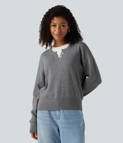 Round Neck Dropped Long Sleeve Color Block Work Sweater