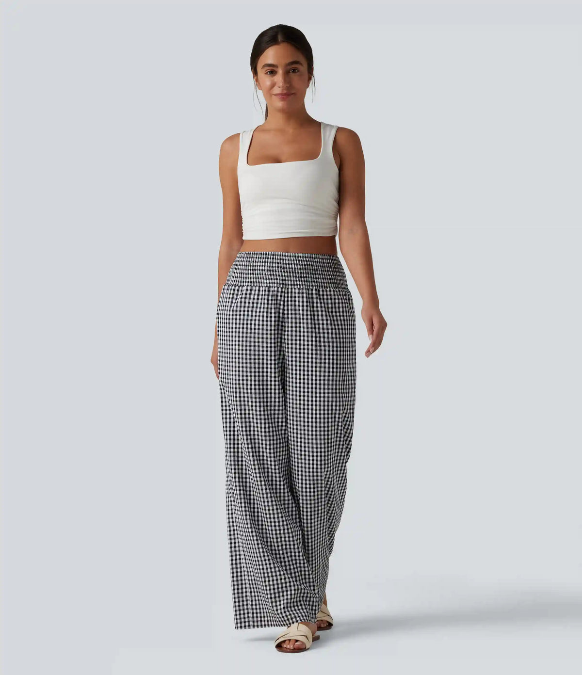 High Waisted Shirred Gingham Casual Baggy Pants with Pockets
