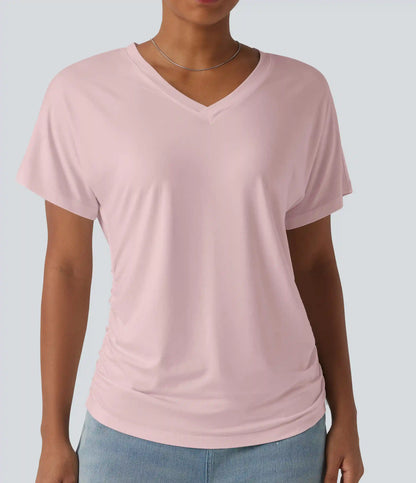 V-neck Short Sleeve Ruched Plain Casual T-Shirt